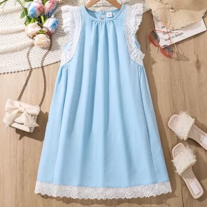 Light Blue Kids Dress For Girls O-Neck Sleeveless Korean Style Casual Girls Dress Summer 8-12 Years Sweet Style