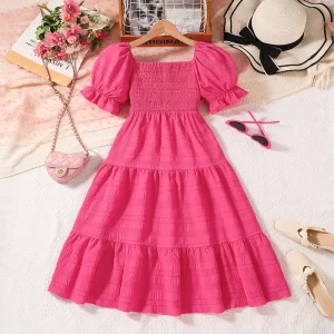 Summer Classic Design Dress For Kids Girl 8-12 Years Rose Red Square Collar Puffy Sleeve Dress Resort Style Beach Cute Princess