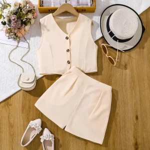 Children's Fashion Clothes Sets High Quality Korean Solid Color Sleeveless Top & Shorts Simple Generous Style Daily Causal Suits