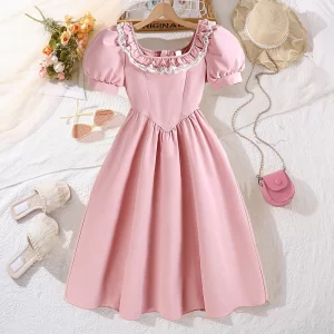 Sweet Elegant Pink Long Skirt Dress for 8-12 Year Old Girls Summer Square Collar Bubble Sleeve Lace Princess Party Gown