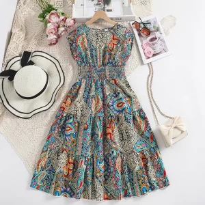 Summer Princess Dress For Kids 8-12 Years Girls Sleeveless Full Printing Dress Bohemian Vacation Style Beach Girls Dress