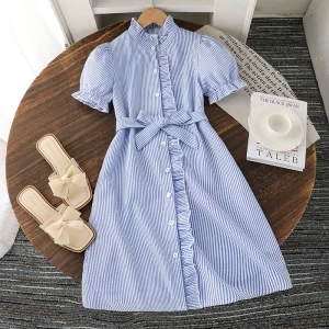 Summer Fresh Striped Button Kids Dress For Girls 8-12 Years Round Neck Puff Sleeves Belted Basic Casual Casual Dress