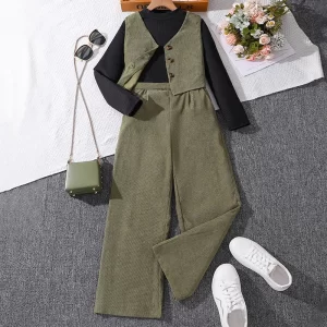 New Fashion Spring Autumn Clothes Sets For Kids Girls Long Sleeve Black Top With Army Green Vest And Pants Daily Causal Style