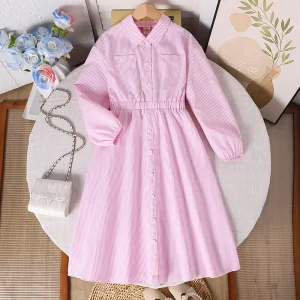 Autumn New Kids Clothing Solid Color Pink Turn-Down Collar Single Breasted Elastic Waist A-Line Dress For Girls 8-12 Years Daily
