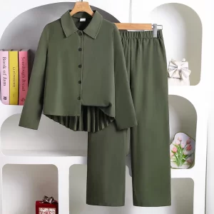 2025 Autumn New Fashion 2PCS Kids Clothing Solid Color Army Green Turn Down Collar Single Breasted Long Sleeve Top & Waist Pants