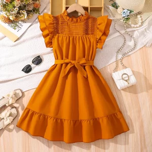Kids Dress For Girls Brown Ruched Neckline Tiered Wing-Sleeve Belted Ruffled Dress 8-12 Years Summer Birthday Party Baptism Gown